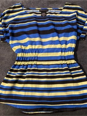 attention Blue, Yellow & Black Striped Knit Top with Waist Detail